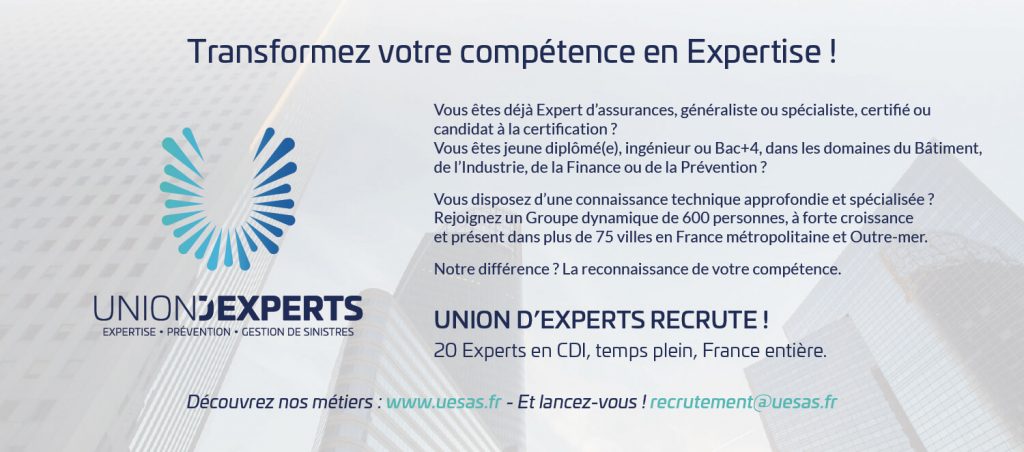 Union d'experts expertise d’assurance, de gestion de sinistres et de prévention des risques Saint Avertin Centre val de Loire - Recrutement massif de 20 CDI au seins des différentes agences d'Union d'Experts