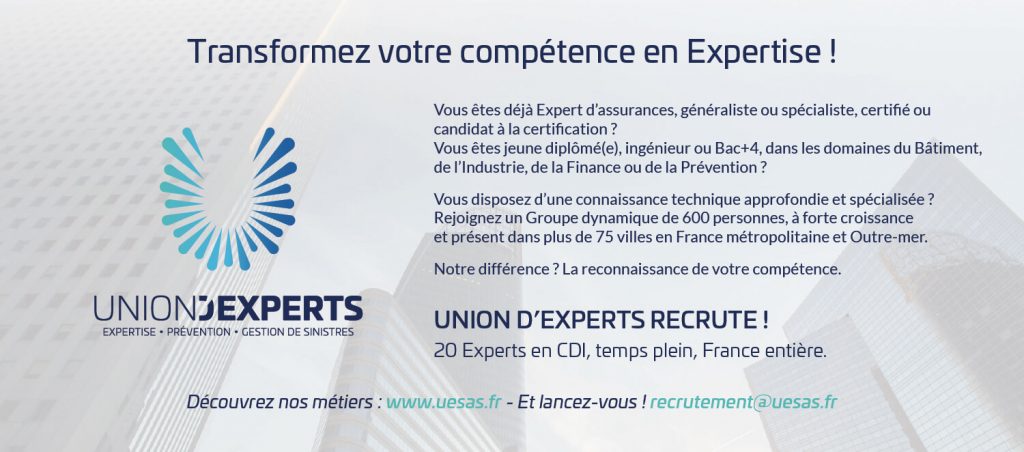 Union d'experts expertise d’assurance, de gestion de sinistres et de prévention des risques Saint Avertin Centre val de Loire - Recrutement massif de 20 CDI au seins des différentes agences d'Union d'Experts
